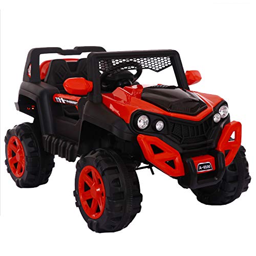 Kids Ride on Jeep with 12V Rechargeable Battery, Music, Lights and Remote Control (Red) - MRGTOYS