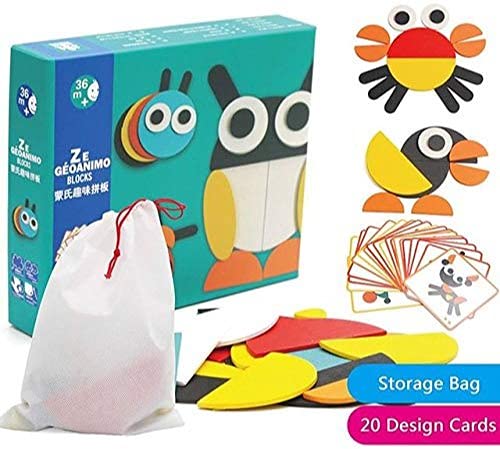 Wooden Animal Puzzle Pattern Blocks with 20 Activity Cards Montessori Educational Learning Toy Game,Geometric Shape Blocks Pattern(Geometric Puzzle)