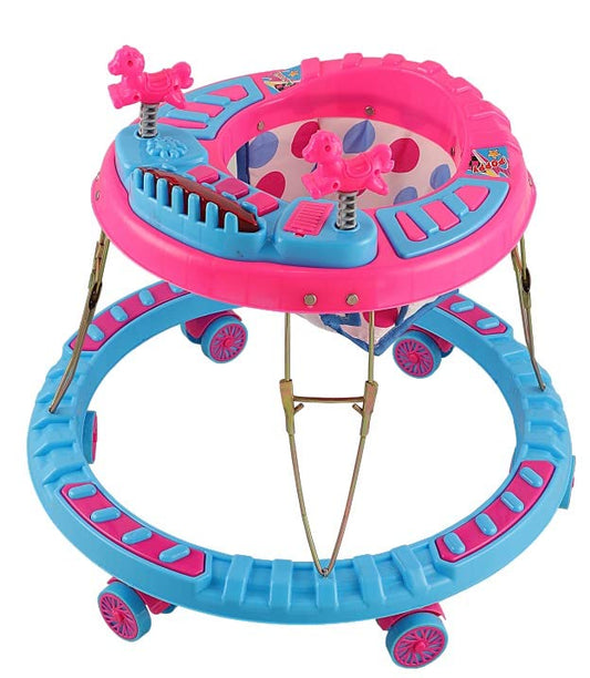 Poppy Round Kids Walker with Foldable, Cushion Seat | Activity Walker for Baby with Musical Toy Bar | Walker Baby 6-18 Months Boys Girls Blue Pink - MRGTOYS