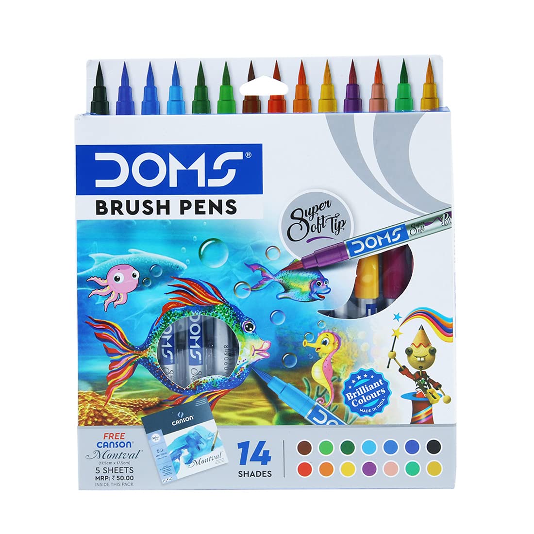 DOMS 14 Shades Brush Pen Box Pack | Super Soft Tip With Brilliant Colors | Water Based Ink Which Gives Water Color Effect | Free Canson Montval 5 Sheets Inside | Pack Of 1, Multicolor