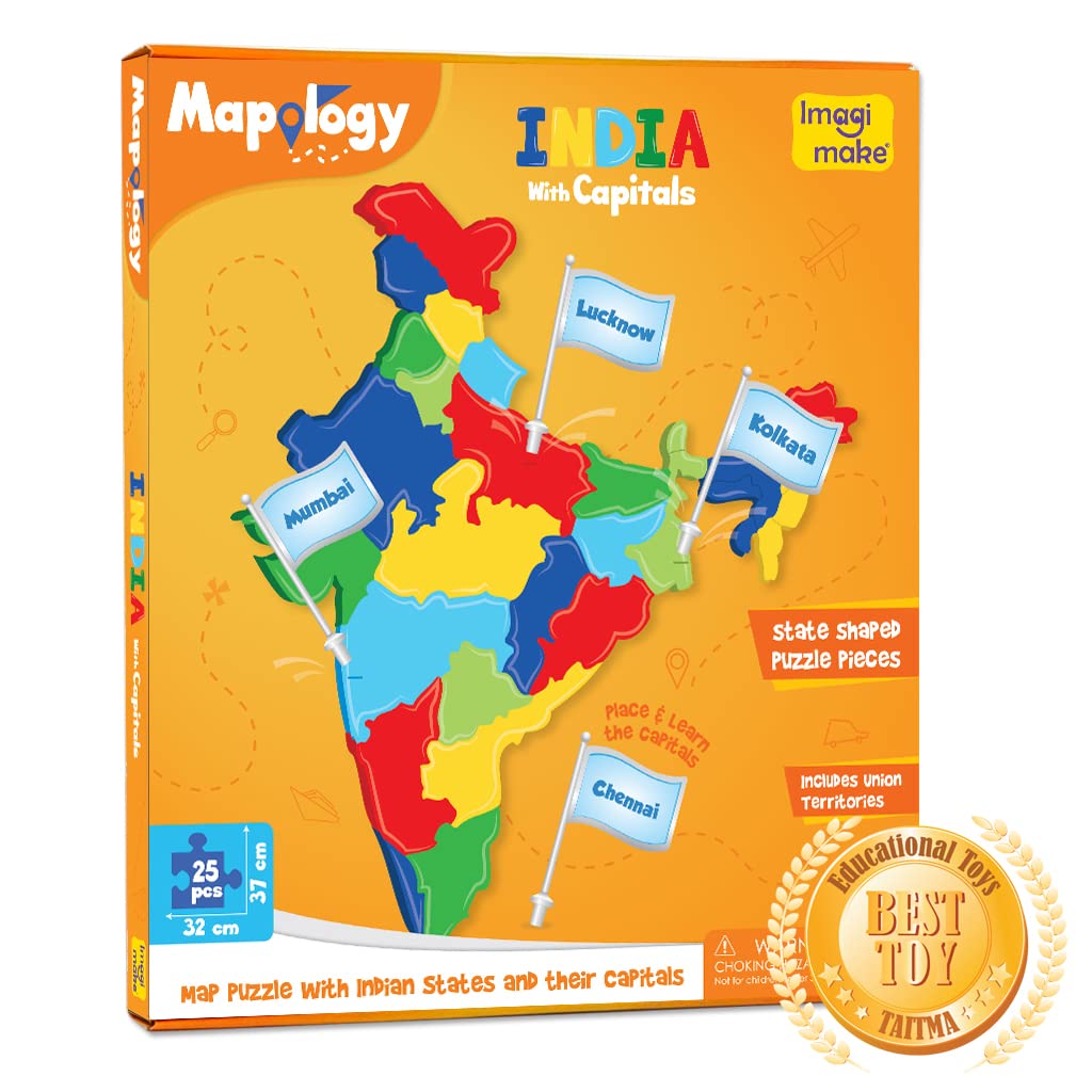 Imagimake Mapology India with State Capitals - Educational Toy and Learning Aid for Boys and Girls - India Map Puzzle - Jigsaw Puzzle, 25 Pieces GAMES