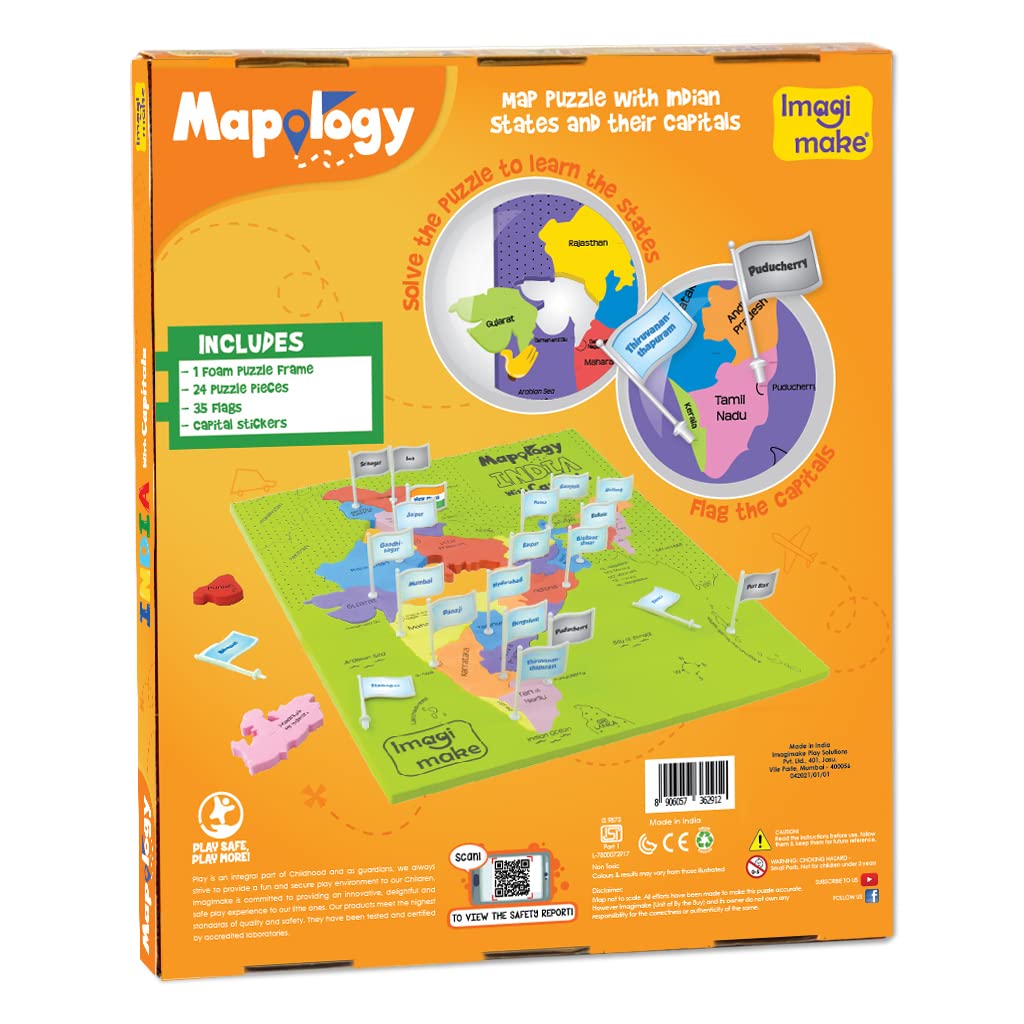 Imagimake Mapology India with State Capitals - Educational Toy and Learning Aid for Boys and Girls - India Map Puzzle - Jigsaw Puzzle, 25 Pieces GAMES