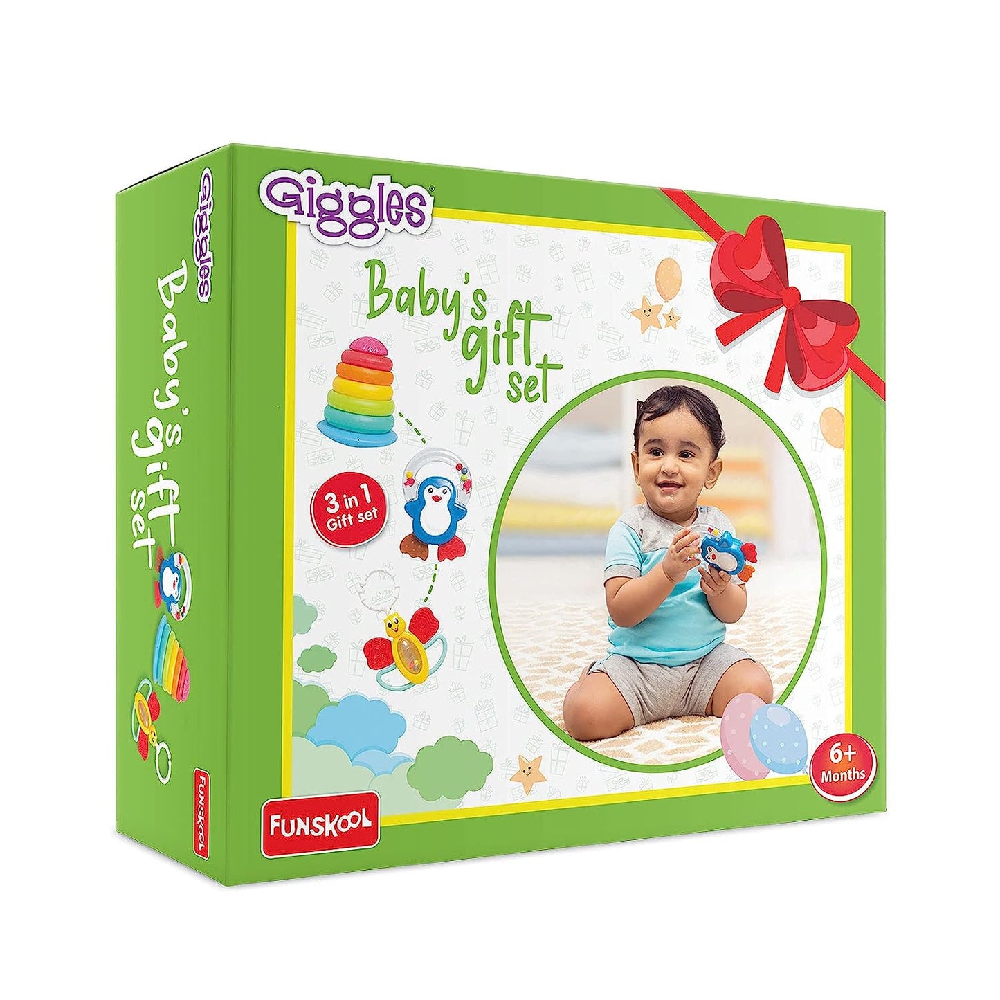 Giggles - Baby's Gift Set, Multicolour Baby Toy Gift Set for New Born, Stacking Rings,Teether,Rattle, 6 Months & Above, Infant Toys