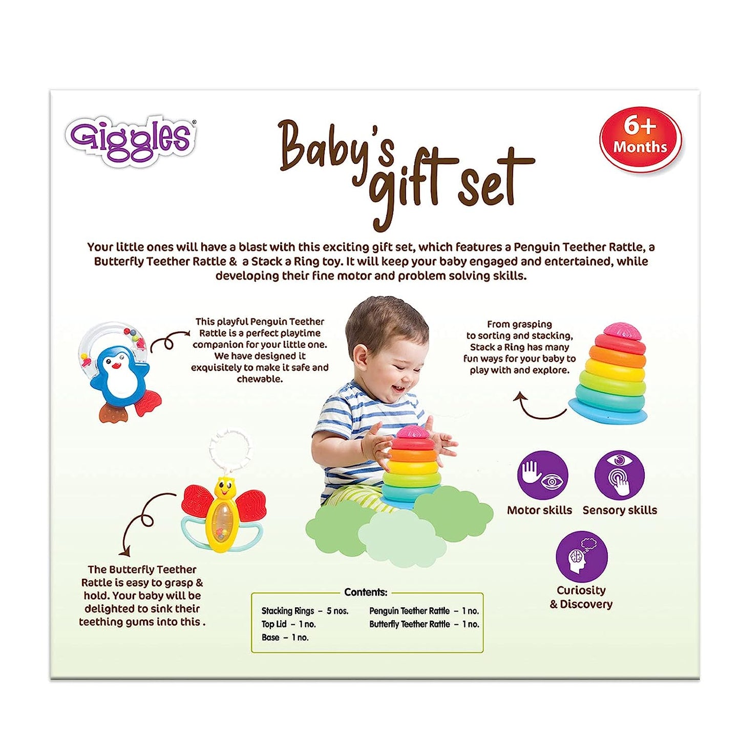 Giggles - Baby's Gift Set, Multicolour Baby Toy Gift Set for New Born, Stacking Rings,Teether,Rattle, 6 Months & Above, Infant Toys