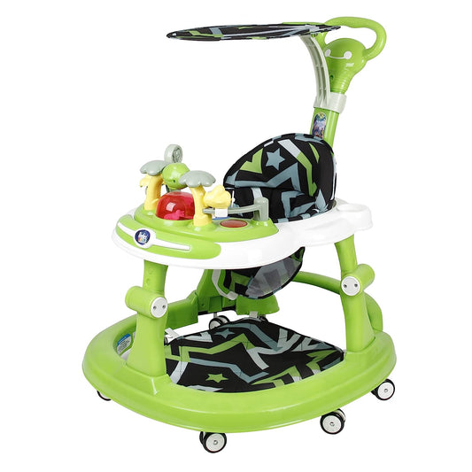 Steelbird Walk-N-Hop Unisex Anti Fall Toddler Hop, Sit & Stand Walker with Sun Shield and Push Hand Bar, Removable Toy Tray, Music System and Height Adjustments for 9-18 Months (Green)