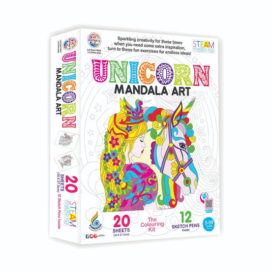 RATNA'S Mandala Art Unicorn Colouring Kit - 20 Sheets with 12 Sketch Pens Inside - Creative Coloring Fun for All Ages