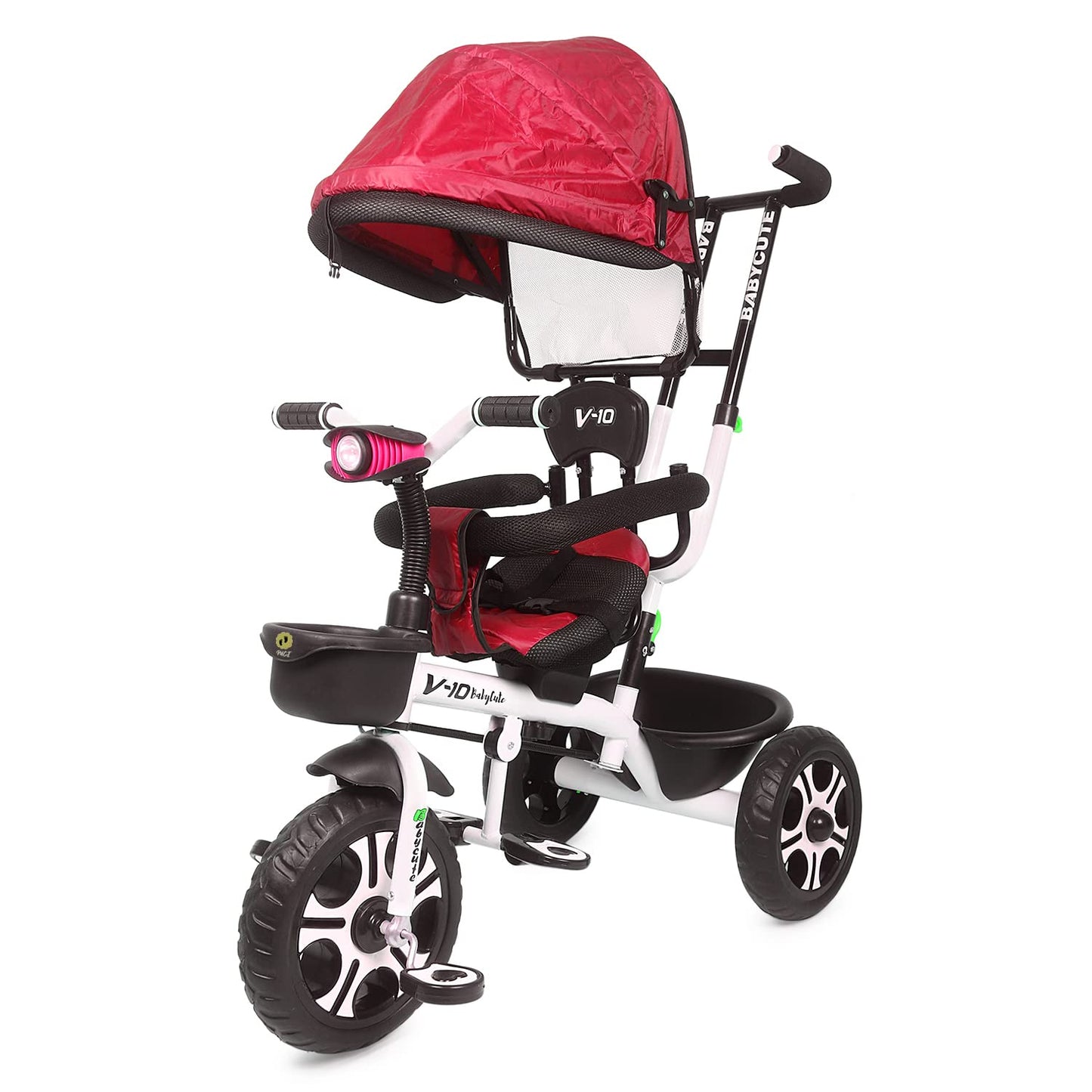 Baby Cute Kids Pro Max Kids|Baby Musical Trike|Tricycle with Light, Foldable Canopy and 360 Degree Seat Rotating Tricycle for Kids|Boys|Girls Age Group 2 to 5 Years (Brown) (Red) - MRGTOYS