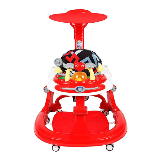 Steelbird Walk-N-Hop Unisex Anti Fall Toddler Hop, Sit & Stand Walker with Sun Shield and Push Hand Bar, Removable Toy Tray, Music System and Height Adjustments for 9-18 Months (Red)