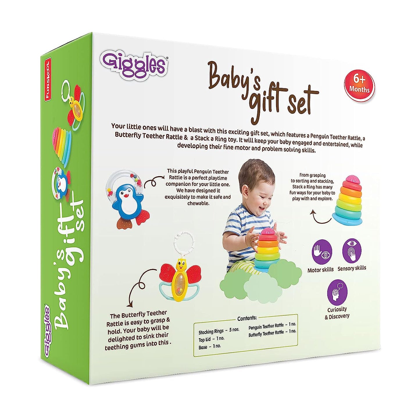 Giggles - Baby's Gift Set, Multicolour Baby Toy Gift Set for New Born, Stacking Rings,Teether,Rattle, 6 Months & Above, Infant Toys