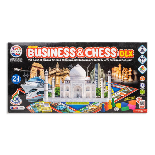 RATNA'S 2 in 1 Business and Chess Deluxe Board Game with Biscuit Coins for Kids - Develop Concentration and Brain Skills with Multicolor Paper and Plastic Set - Perfect Family Strategy Game for All Ages