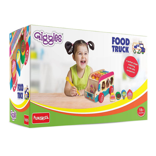 Giggles - Food Truck, Educational Wooden Push Along Toy with Icecream Shapes, Pretend Play,Shape Sorting,Free Wheel, 6 Months & Above, Infant and Preschool Toys