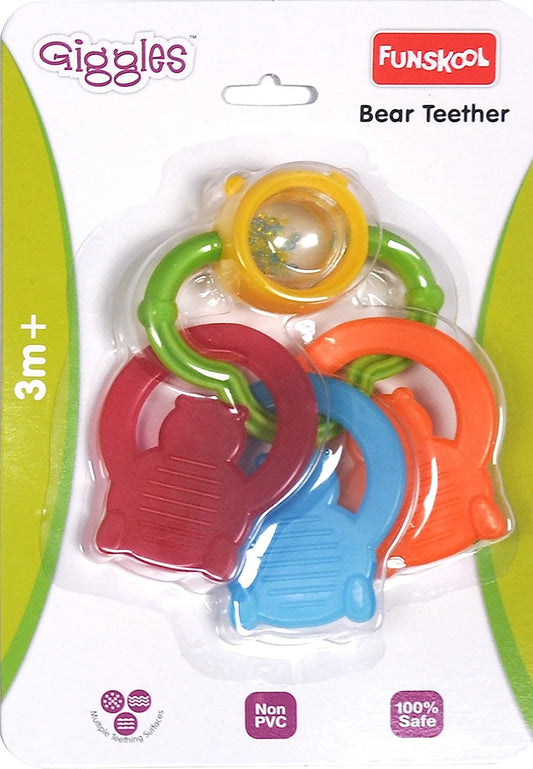 Giggles - Bear Teether, Teether for Babies to soothen their gums, Easy to Grasp and chew with rattle sounds, 3 months & above, Infant Toys