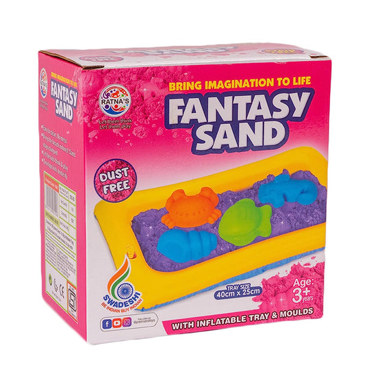 Ratna's Fantasy Sand Wonder 500 Grams with Inflatable Tray, 1 Big Mould, 6 Small Moulds & 1 Toy Plastic Knife, Smooth, Non Sticky Kinetic Active Sand Set for Kids to Play. (Pink)