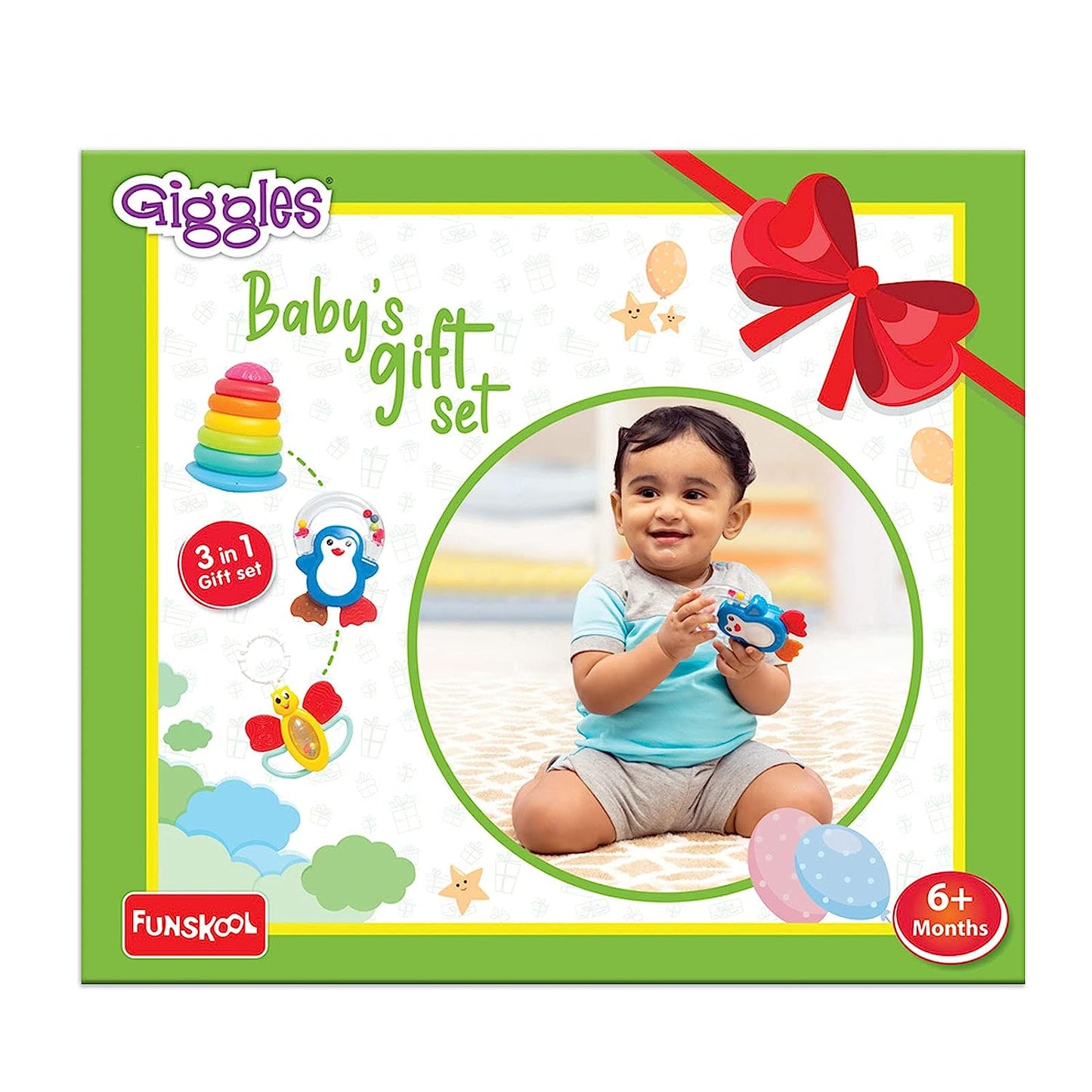 Giggles - Baby's Gift Set, Multicolour Baby Toy Gift Set for New Born, Stacking Rings,Teether,Rattle, 6 Months & Above, Infant Toys