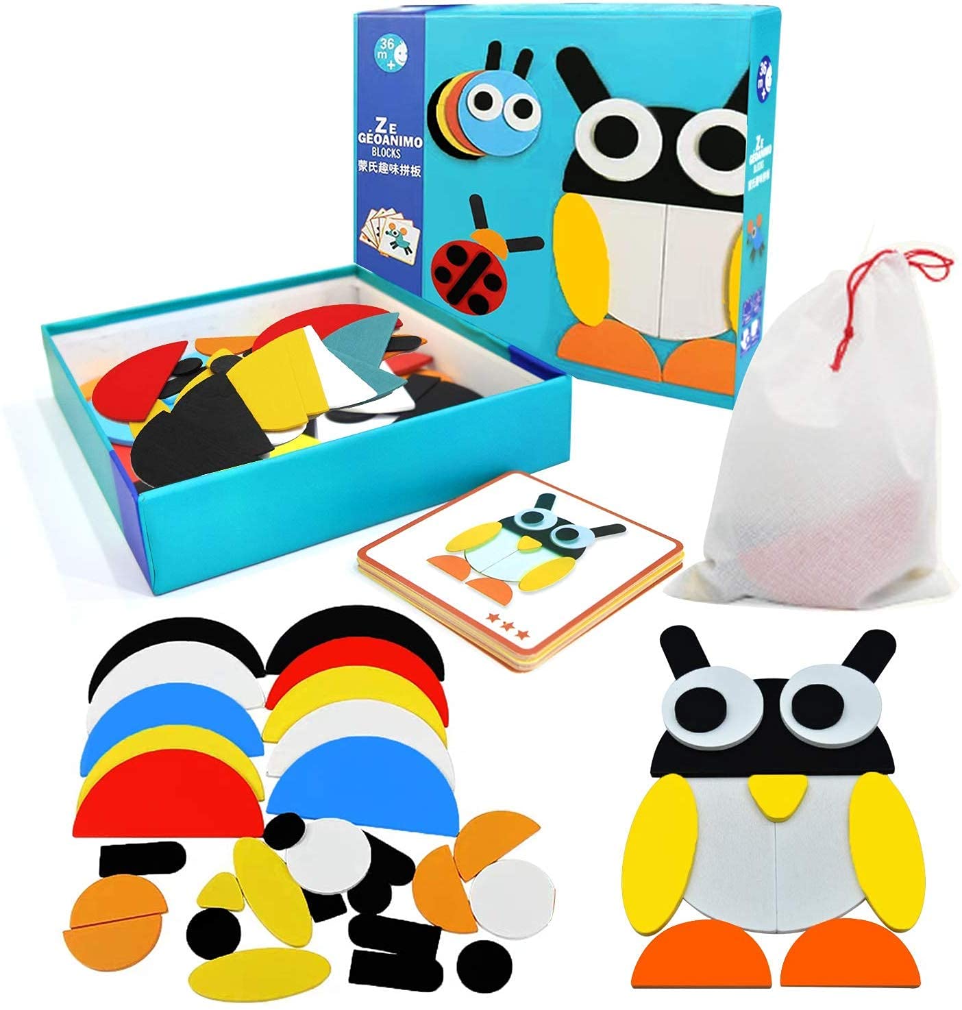 Wooden Animal Puzzle Pattern Blocks with 20 Activity Cards Montessori Educational Learning Toy Game,Geometric Shape Blocks Pattern(Geometric Puzzle)