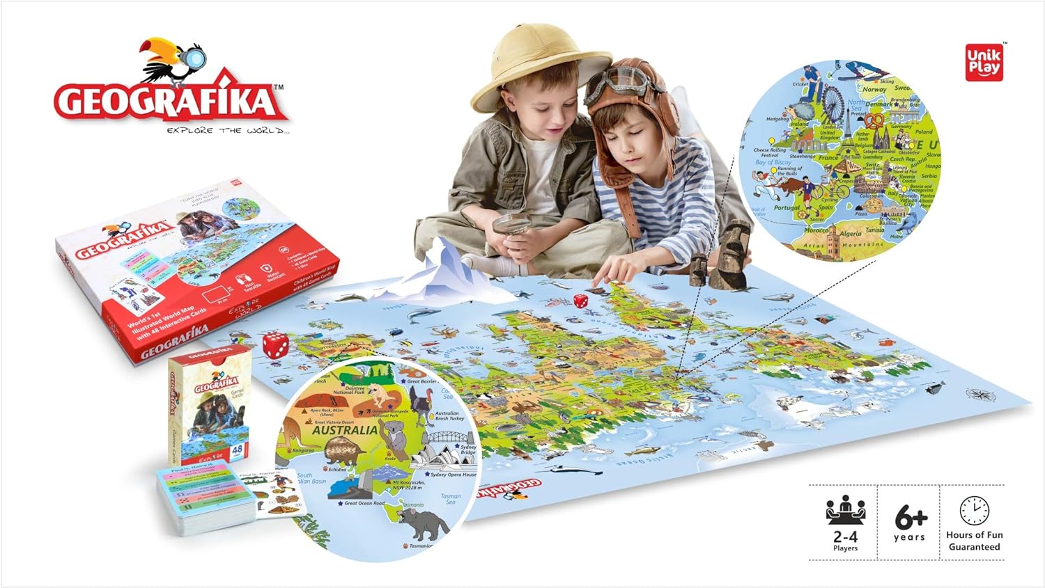 UnikPlay Geografika World Map Game - Game Night, Engaging Board Games for Kids 6-8, Kids Games Ages 4-8 – Non-Tearable, Waterproof Illustrated Map with 280+ Trivia Questions, 48 Double-Sided Cards