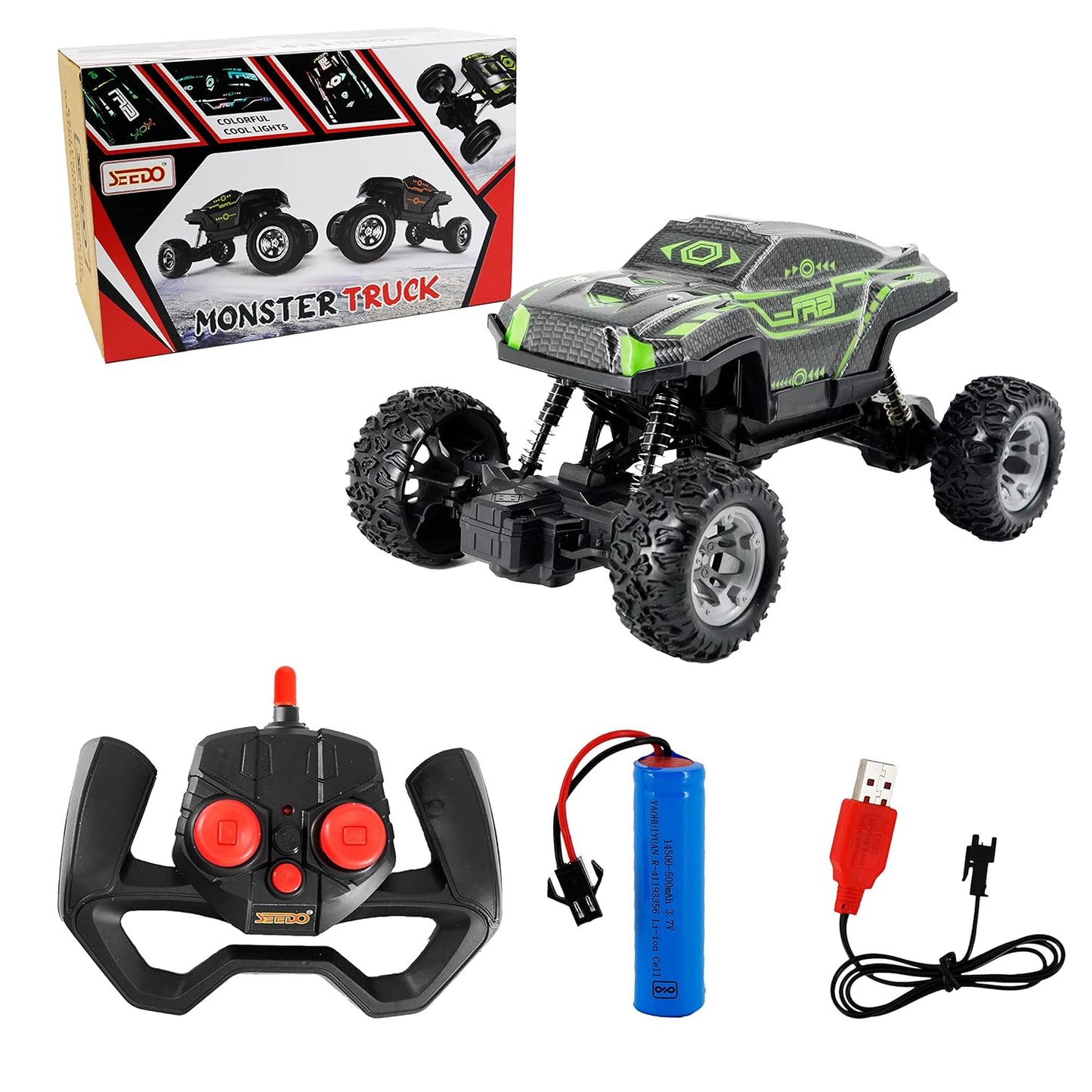 SEEDO Rechargeable Offroad 4x4 Strong Suspension Remote Control Monster Truck Toy Car for Kids, Anti Scratch RC Stunt Crawler Jeep with Light and Music, Gift for Boys Above 8 Years,Pack of 1, color may vary