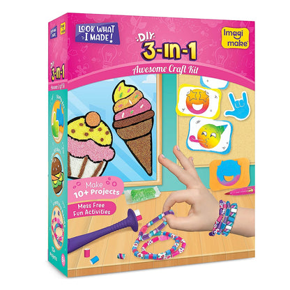 Imagimake 3-in-1 Awesome Craft Kit - Kids Arts and Crafts - Arts and Crafts for Kids Ages 6-8 - Air Dry Clay, Paper Quilling Kit, Stamp for Kids - Gifts for 5, 6, 7, 8 Year Old Girls( Multi)