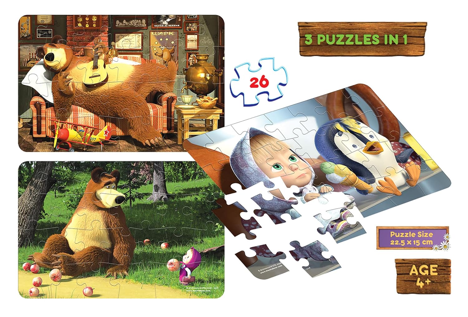 Frank Masha and The Bear Puzzles - 26 Pieces 3 in 1 Jigsaw Puzzles for Kids for Age 4 Years Old and Above