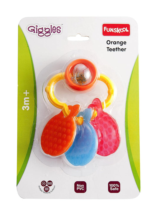 Giggles Funskool Giggles - Orange Teether, Teether for Babies to sooth their gums, Easy to Grasp and chew with rattle sounds, 3 months & above, Infant Toys