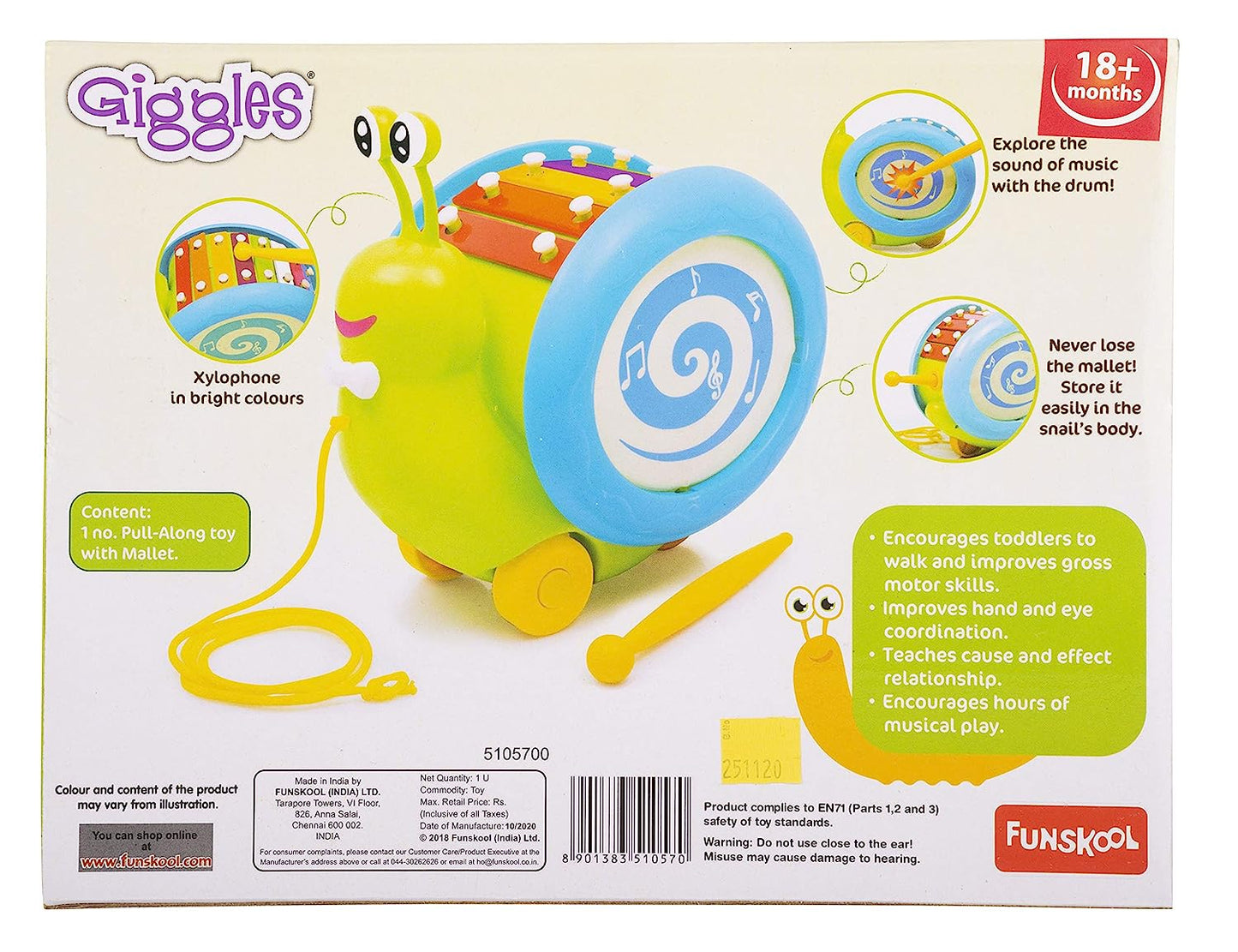 Giggles - 3 In 1 Pull Along Musical Snail, Xylophone, Drum And Walking Preschool Toys (12 Months & Above, Infant, Multicolour) (0 pieces)