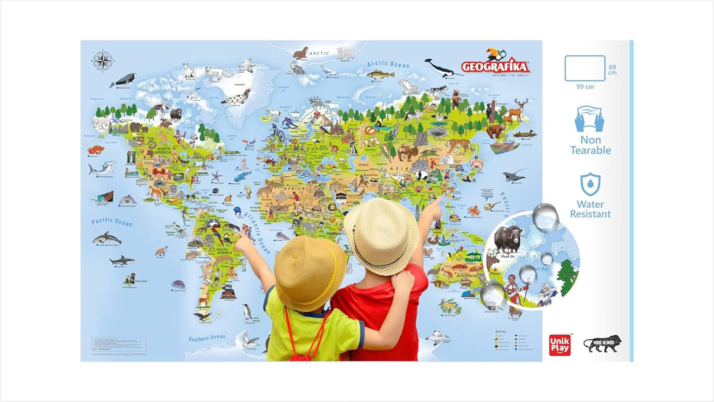 UnikPlay Geografika World Map Game - Game Night, Engaging Board Games for Kids 6-8, Kids Games Ages 4-8 – Non-Tearable, Waterproof Illustrated Map with 280+ Trivia Questions, 48 Double-Sided Cards