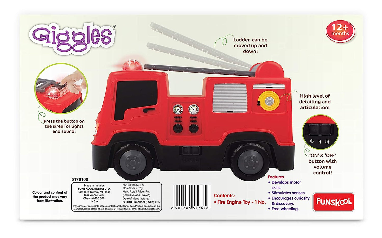 Giggles - Fire Engine, Multicolour vehicle with Lights and Sounds, Develops motor skills , 12 months & above, Infant and Preschool Toys