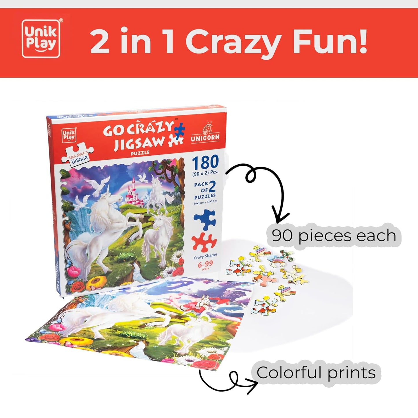 Unik Play Go Crazy Jigsaw Puzzle for Kids and Adults | Attractive Cartoon Print Puzzle with 2 Puzzle Trays for Age 6 to 99 Years-90 Pcs-(Unicorn)