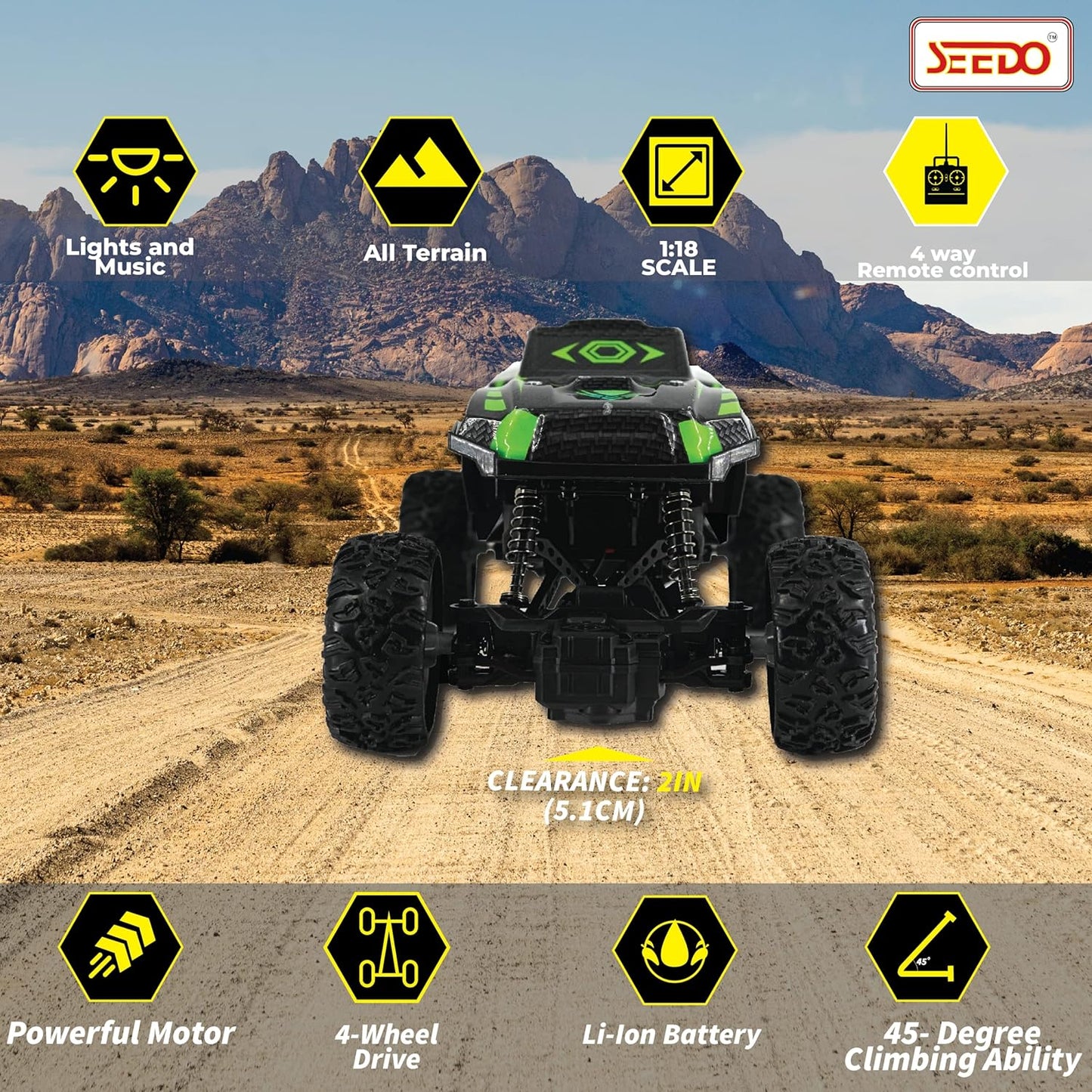 SEEDO Rechargeable Offroad 4x4 Strong Suspension Remote Control Monster Truck Toy Car for Kids, Anti Scratch RC Stunt Crawler Jeep with Light and Music, Gift for Boys Above 8 Years,Pack of 1, color may vary