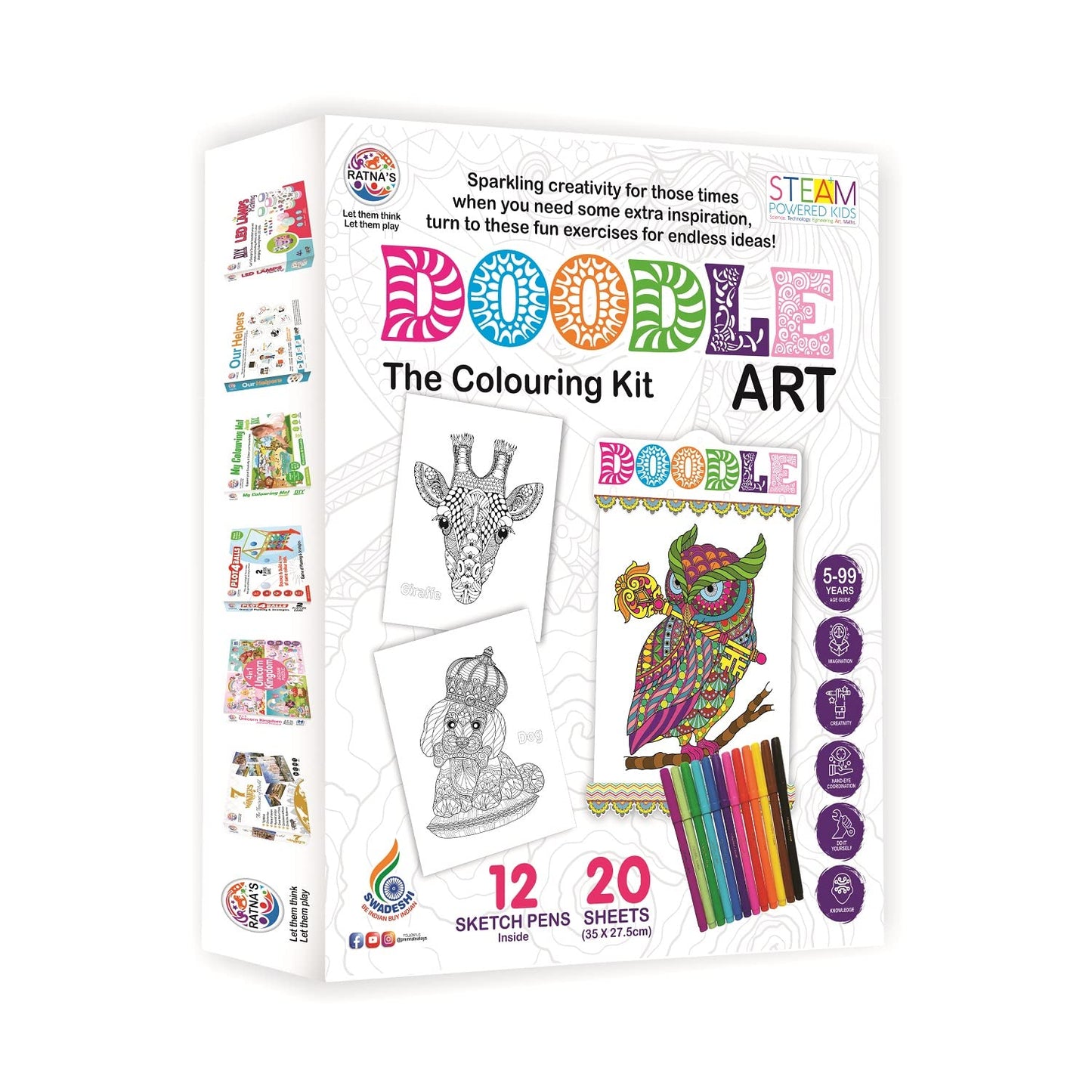 RATNA'S Doodle Art Colouring Kit - 20 Sheets & 12 Sketch Pens - Fun and Educational Colouring Set for Kids and Adults - Doodle Animal & Bird Design - Let Your Creativity Shine