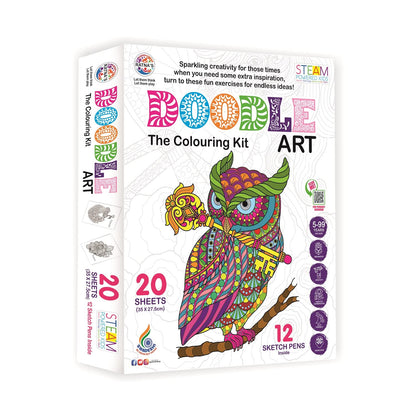 RATNA'S Doodle Art Colouring Kit - 20 Sheets & 12 Sketch Pens - Fun and Educational Colouring Set for Kids and Adults - Doodle Animal & Bird Design - Let Your Creativity Shine