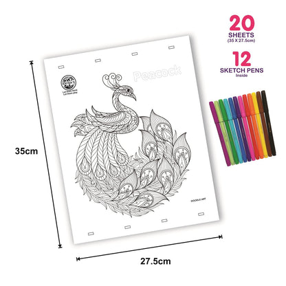 RATNA'S Doodle Art Colouring Kit - 20 Sheets & 12 Sketch Pens - Fun and Educational Colouring Set for Kids and Adults - Doodle Animal & Bird Design - Let Your Creativity Shine