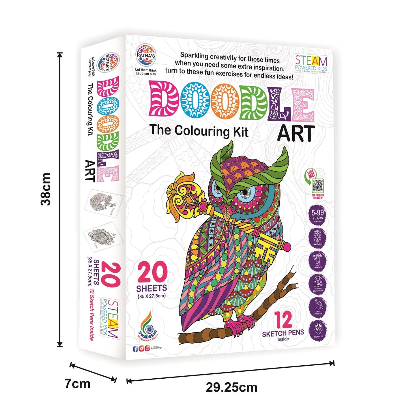 RATNA'S Doodle Art Colouring Kit - 20 Sheets & 12 Sketch Pens - Fun and Educational Colouring Set for Kids and Adults - Doodle Animal & Bird Design - Let Your Creativity Shine